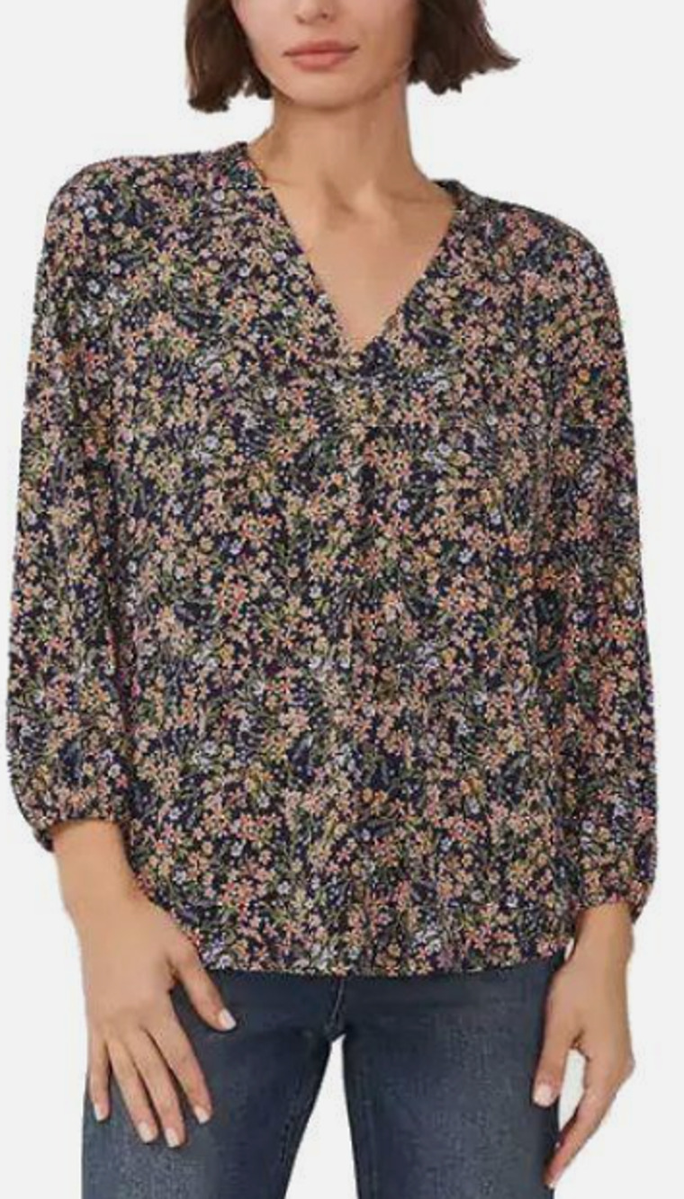 Vince Camuto Floral V-Neck Blouse Navy Blue Pink Ditsy Print 3/4 Sleeve Sm 4-8